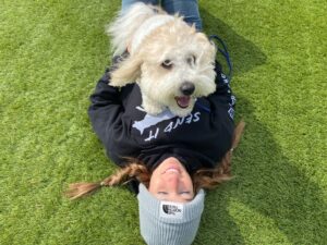 Dog training progress with owner and fluffy dog practicing bonding outdoors