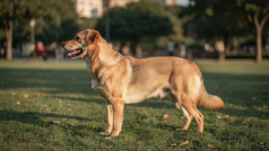 Calm dog in park for dog jumping on people training