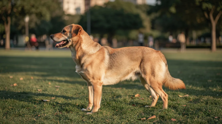 Calm dog in park for dog jumping on people training