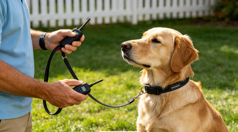 Trainer using e-collar during cost of dog training session