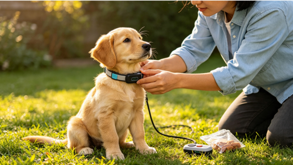 Trainer fitting collar on puppy for cost of dog training